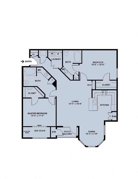 Floor plan for 2 beds, 2 baths, 1340 sqft